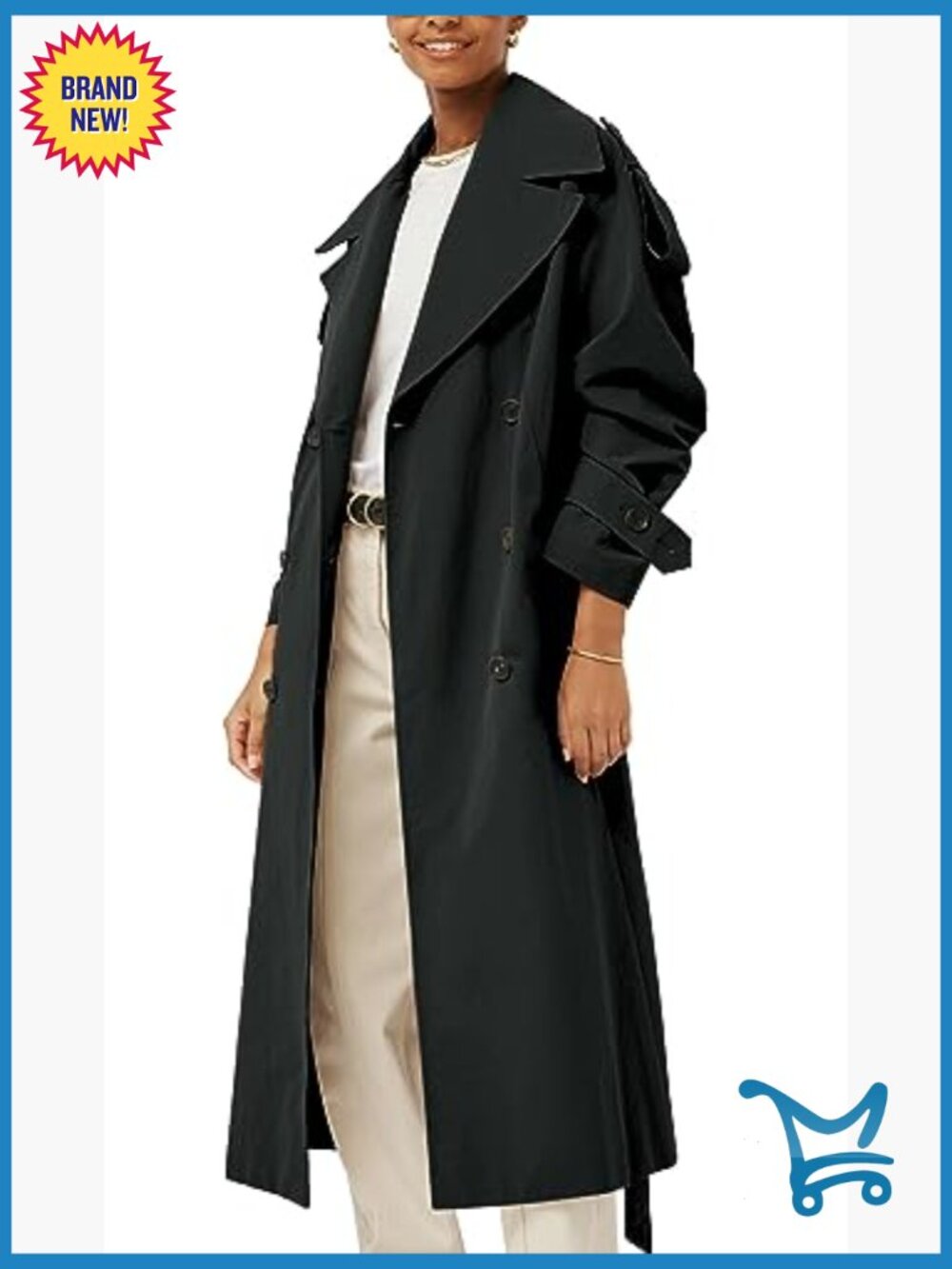 Oversized Long Trench Coat Double Breasted Windproof Overcoat with Belt - Picture 2 of 7
